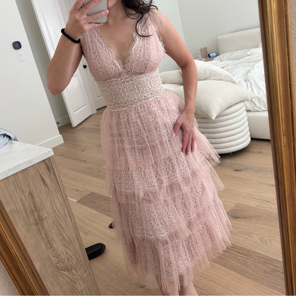 BHLDN Catherine Dean Blush Lace Tiered Midi Dress
